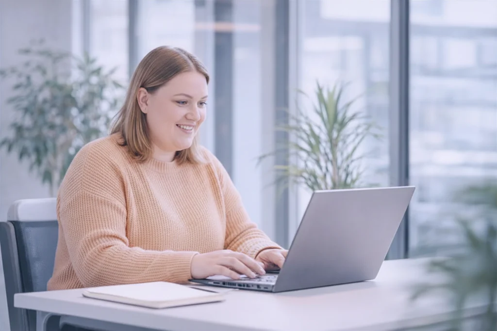 Beschäftigte nutzt ein LMS für die Mitarbeiterschulung am Laptop in einem hellen Büro