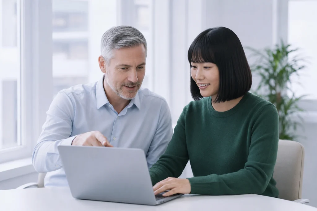 Recruiting für KMU: Hiring Manager und HR gehen den Recruiting-Prozess gemeinsam am Laptop durch.