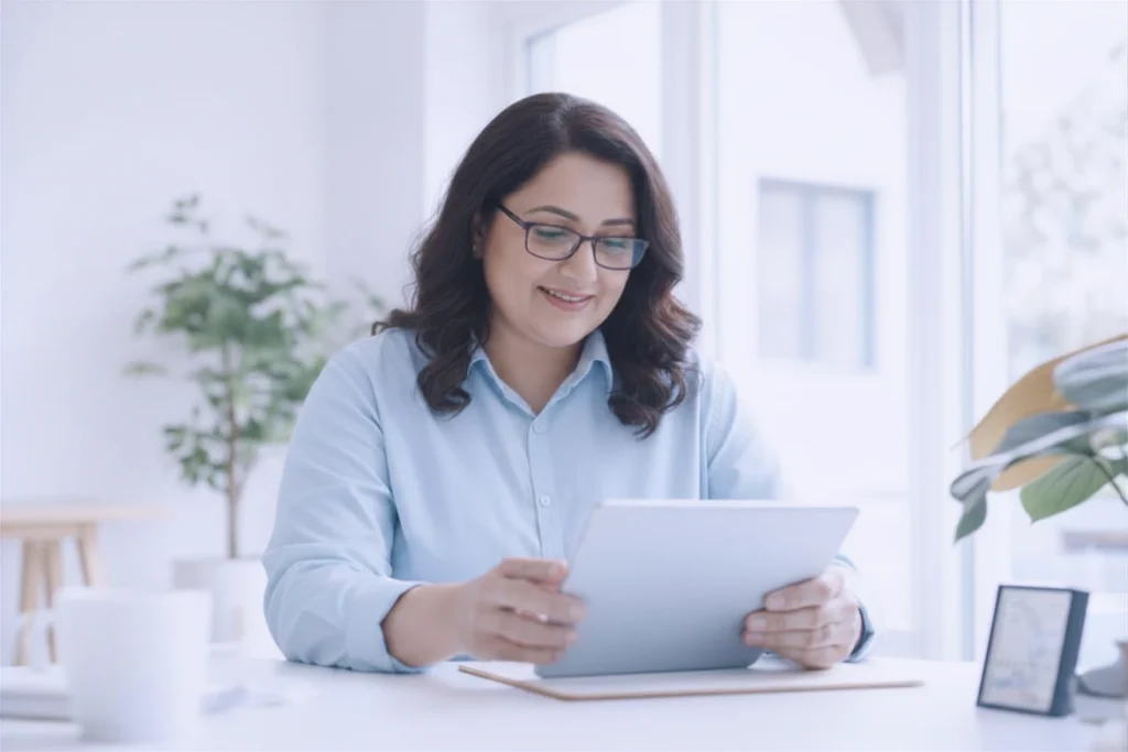 Frau informiert sich am Tablet über die E-Learning-Standards SCORM und xAPI