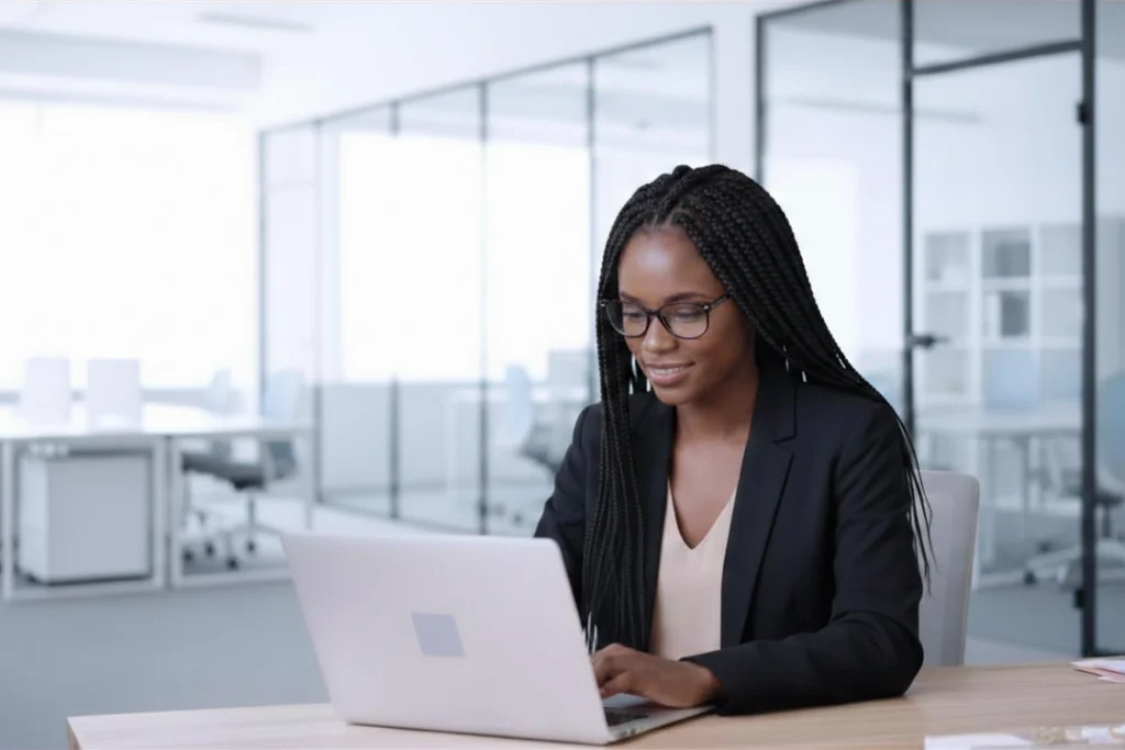 Frau mit Brille arbeitet konzentriert am Laptop in einem hellen Büro – Symbolbild für die Einführung von Security Awareness Training im Unternehmen.