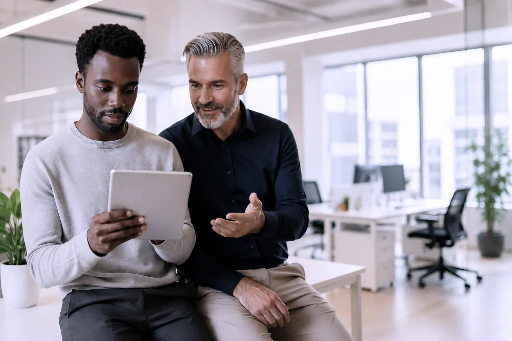Zwei Kollegen besprechen am Tablet Standards für E-Learning-Inhalte