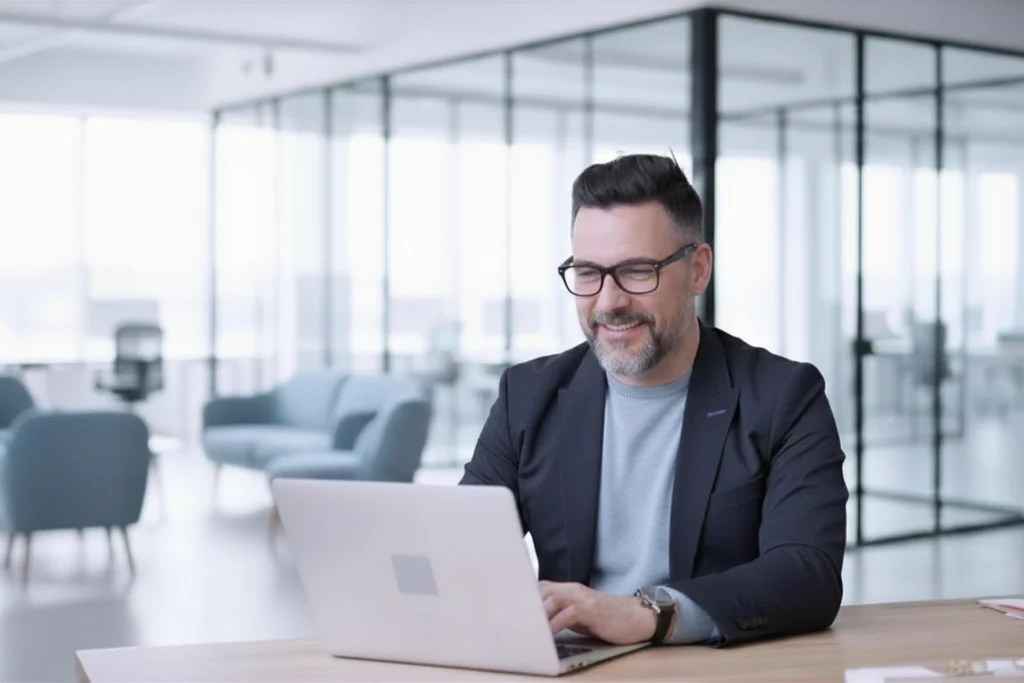 L&D-Verantwortlicher informiert sich am Laptop über den Unterschied zwischen LMS und LXP