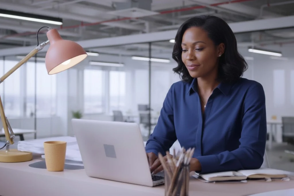 Mitarbeitende absolviert am Laptop eine klassische Awareness-Schulung im Büro