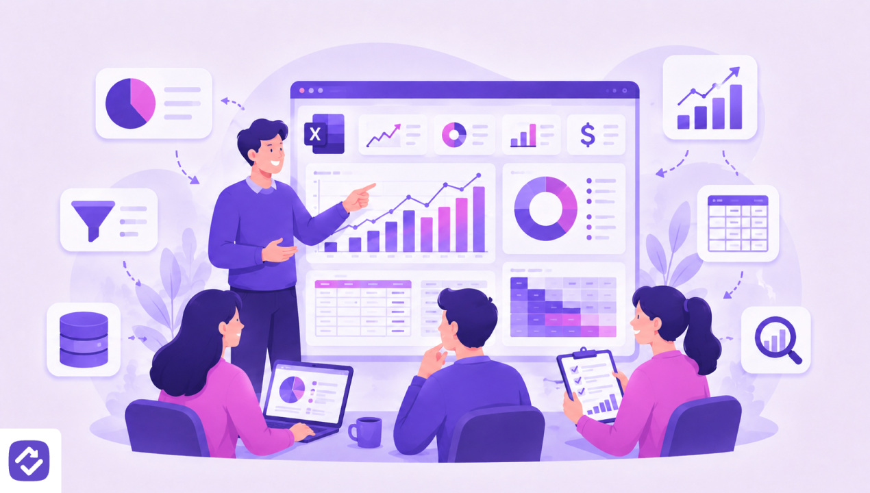 Illustration zum Kurs Excel Stufe 3 – Business-Auswertungen und Analyse: Eine Person präsentiert einem Team ein Dashboard mit Diagrammen, Tabellen und Kennzahlen auf einem großen Bildschirm