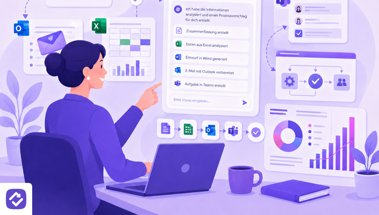 Illustration zum Kurs Microsoft 365 Copilot Stufe 3 – Prozesse und Governance: Eine Person interagiert mit einem KI-Assistenten, der Aufgaben in Word, Excel, Outlook und Teams koordiniert und automatisiert