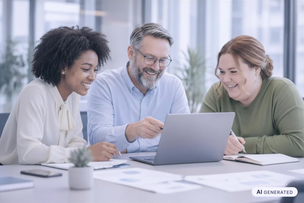 360-Grad-Feedback: Beschäftigte besprechen im Büro Rückmeldungen aus mehreren Perspektiven