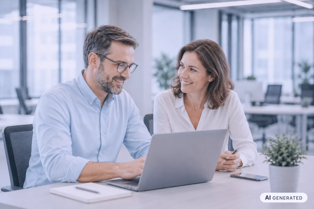 Zwei Personen prüfen gemeinsam am Laptop einen frühen Kursentwurf