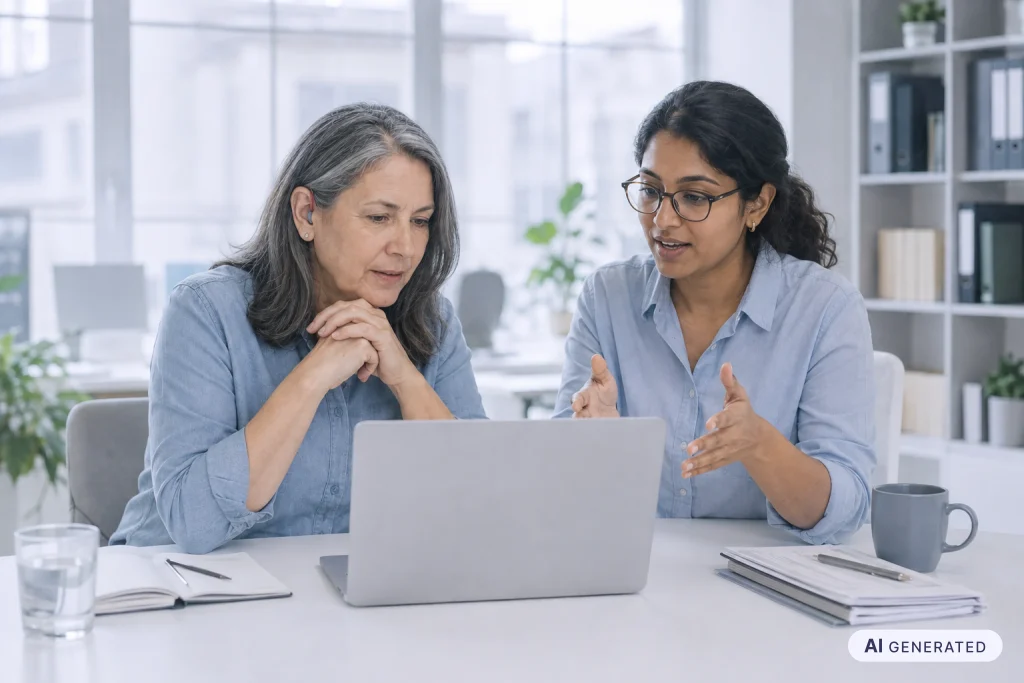 Zwei Beschäftigte, eine mit Hörgerät, nutzen barrierefreies E-Learning gemeinsam am Laptop
