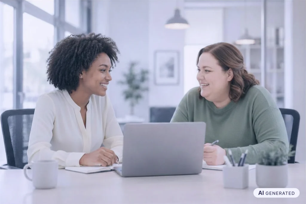 Einführung von 360-Grad-Feedback: Zwei Beschäftigte planen am Laptop Fragebogen und Feedbackkreis