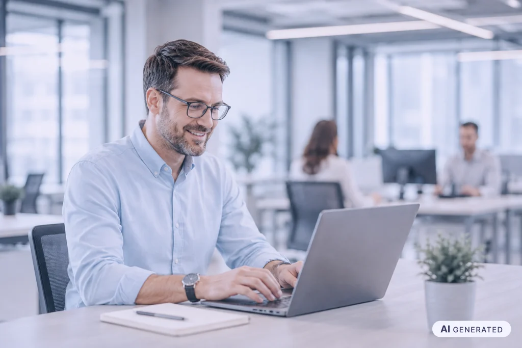 Mitarbeitender erstellt am Laptop einen Kurs nach den Prinzipien des Instructional Design