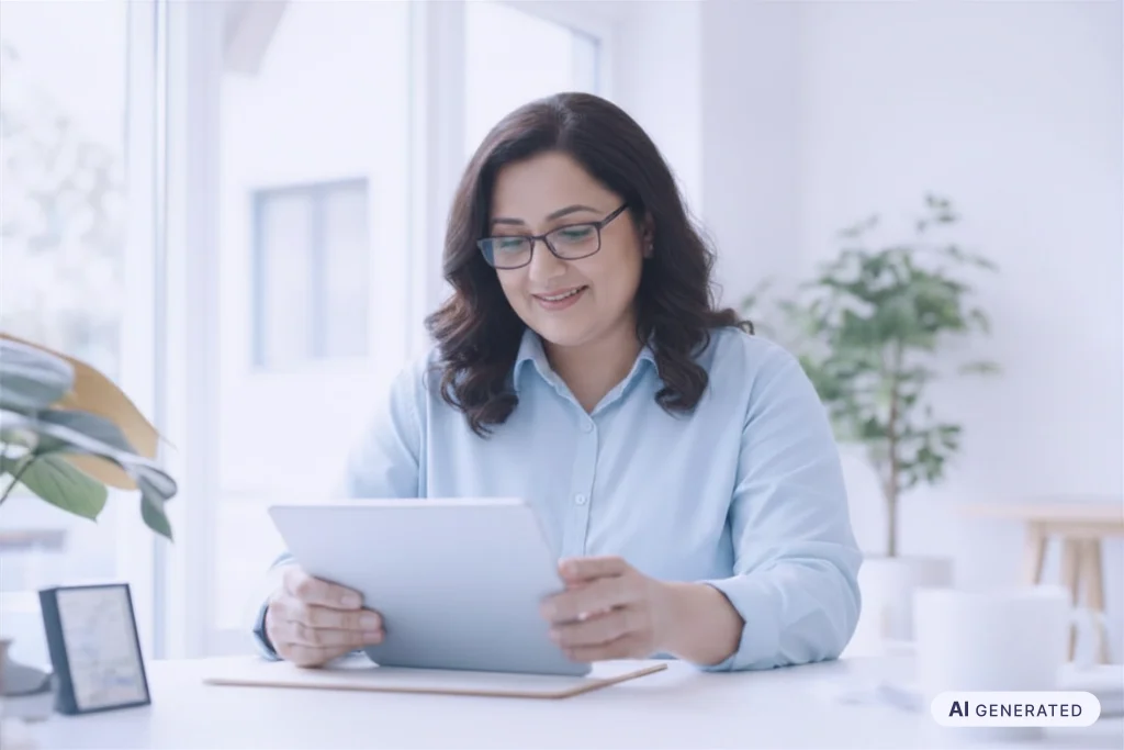 KI-Kennzeichnung im Marketing: Marketing-Verantwortliche prüft am Tablet ein Bildmotiv