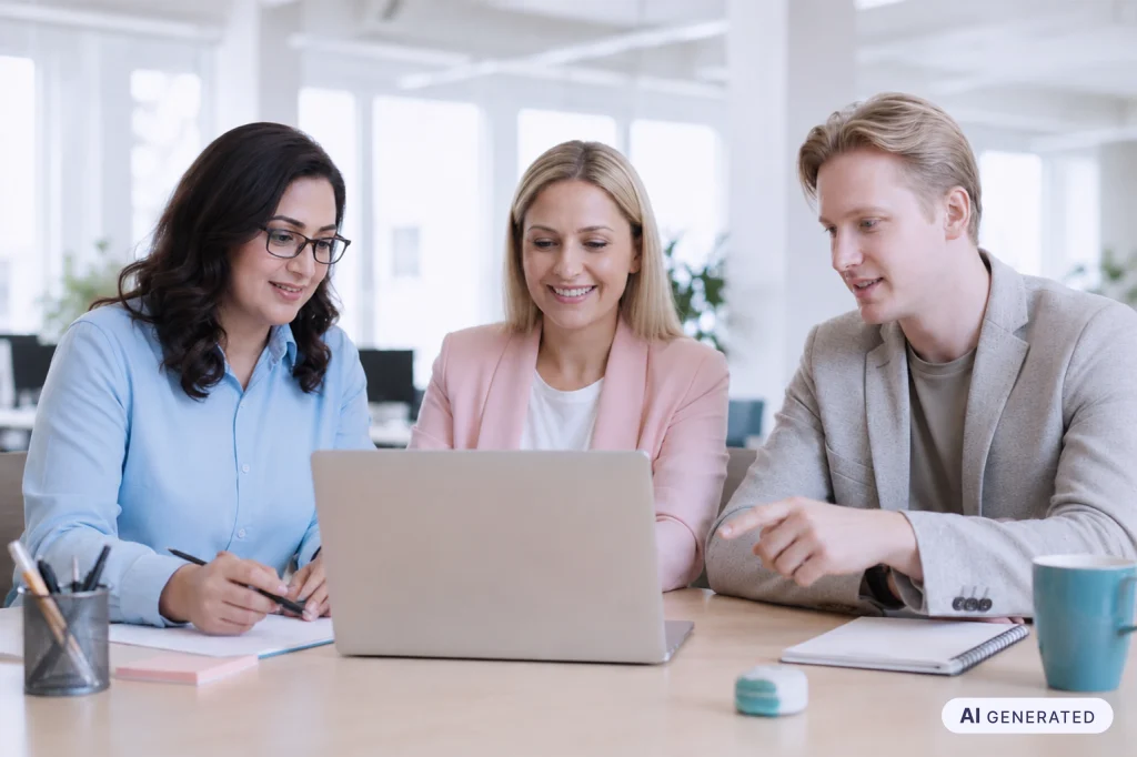 KI-Bilder kennzeichnen: Drei Personen im Marketing besprechen am Laptop ein Bildmotiv