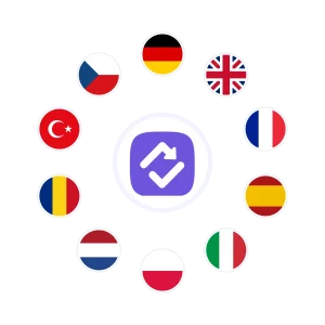 Zehn Länderflaggen im Kreis um das reteach-Logo als Symbol für die zehn Kurssprachen
