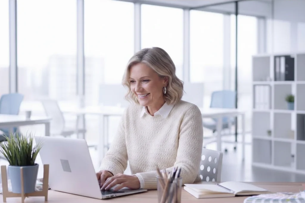 Mitarbeiterin migriert am Laptop Kurse aus dem alten Lernmanagementsystem
