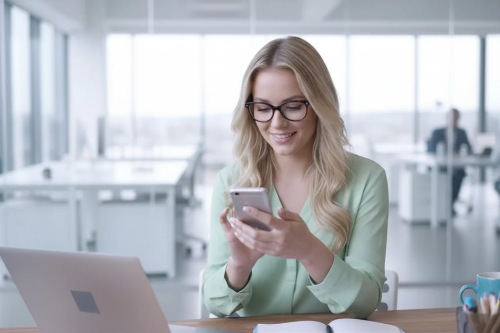 Mitarbeiterin nutzt das Smartphone, um sich ohne separates Passwort am LMS anzumelden