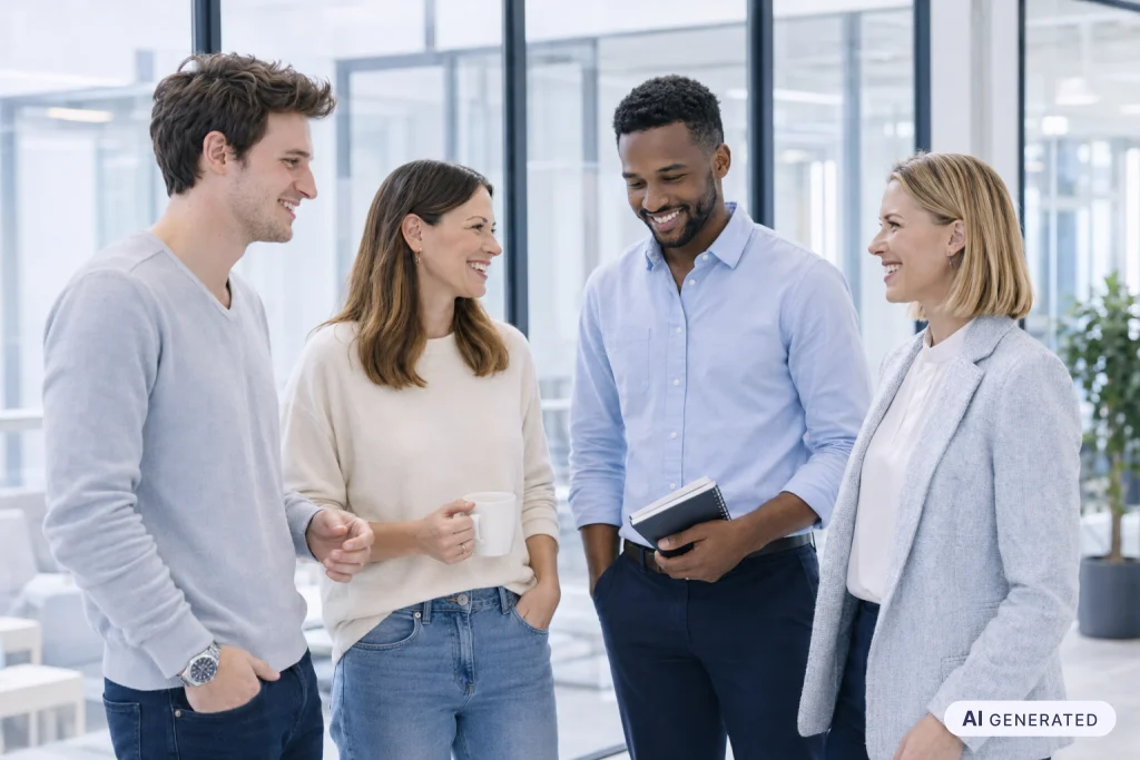 Lernen in Microsoft Teams: Beschäftigte im Büro sprechen über Schulungen im Teams-Kanal
