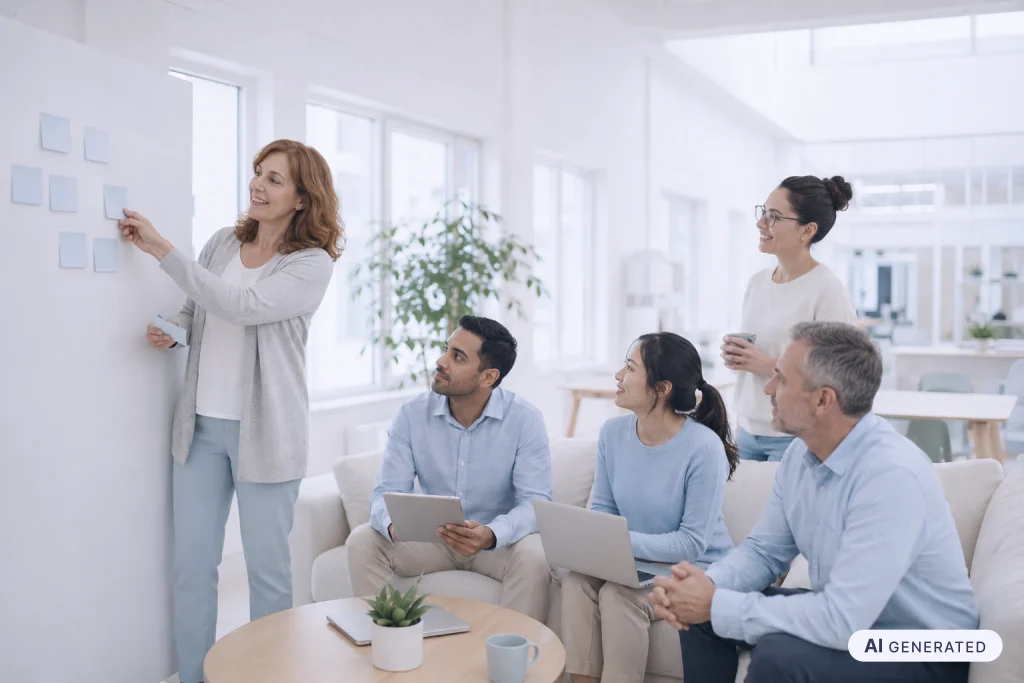 Team sammelt an einer Wand Ideen, wie eine Lernkultur im Unternehmen entsteht
