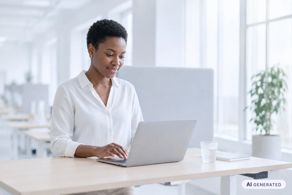 Mitarbeitende wendet am Laptop an, was sie gelernt hat – Lerntransfer im Arbeitsalltag