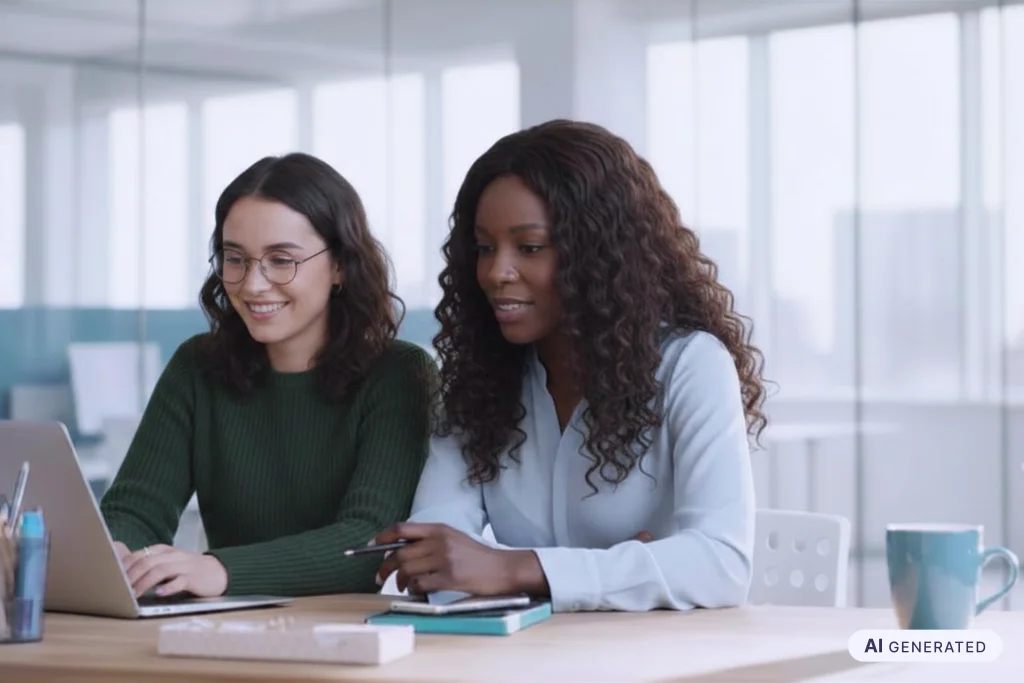 Setup für Lernen in Microsoft Teams: Zwei Beschäftigte richten am Laptop den Zugang zur Lernplattform ein