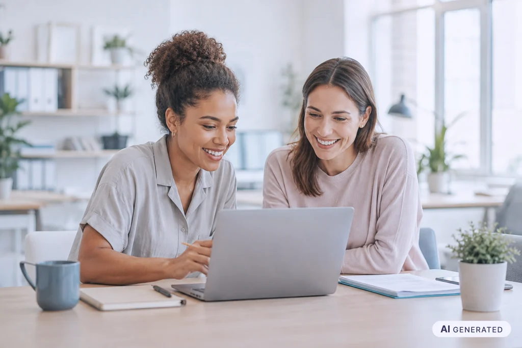 Zwei Mitarbeitende trainieren Soft Skills am Laptop in einem digitalen Lernkurs