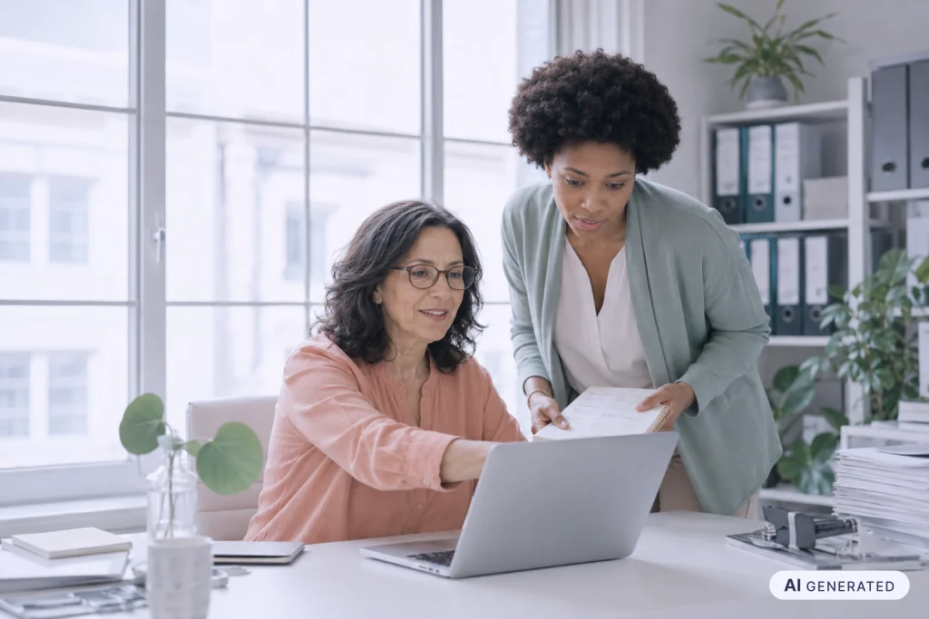 Zwei Mitarbeitende entwickeln am Laptop eine Kursszene für Storytelling im E-Learning
