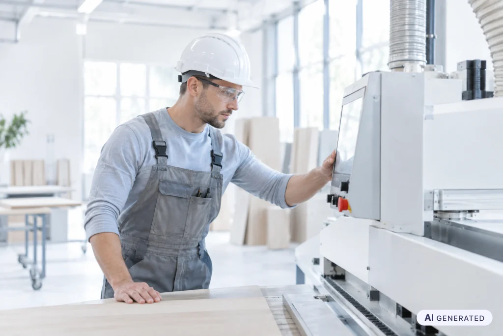 Mitarbeiter mit Schutzhelm und Schutzbrille bedient das Bedienfeld einer Holzbearbeitungsmaschine, daneben der Not-Halt-Schalter.