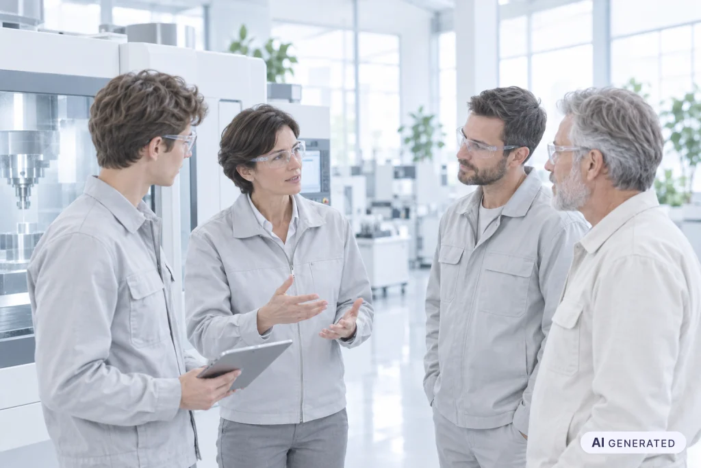 Arbeitsschutzunterweisung in der Produktion: Schichtleiterin mit Schutzbrille erklärt drei Mitarbeitenden die Sicherheitsregeln an einer CNC-Maschine.