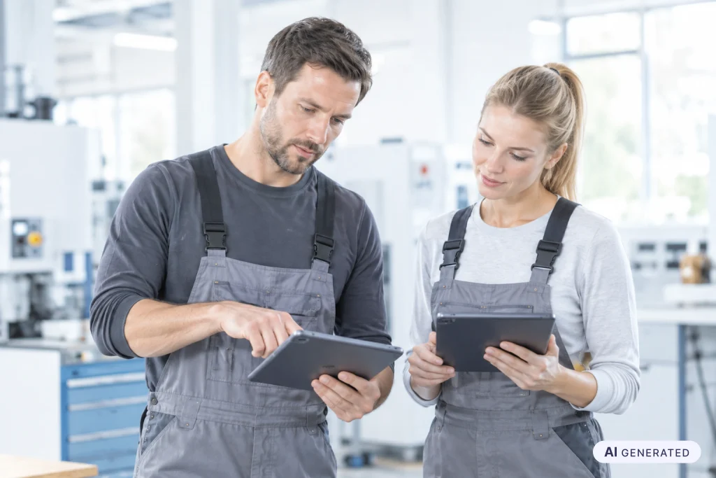 Zwei Mitarbeitende in Arbeitskleidung bearbeiten in der Werkstatt eine digitale Unterweisung auf dem Tablet.