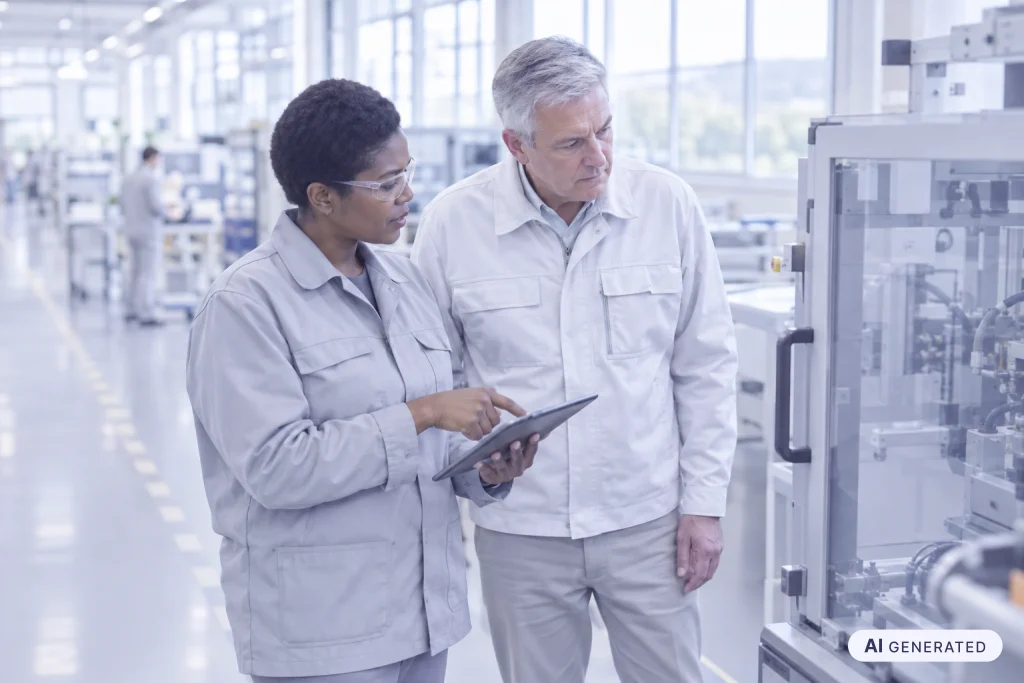 Arbeitssicherheit im Betrieb: Fachkraft für Arbeitssicherheit und Produktionsleiter prüfen bei einer Begehung eine Maschine anhand einer Checkliste auf dem Tablet.