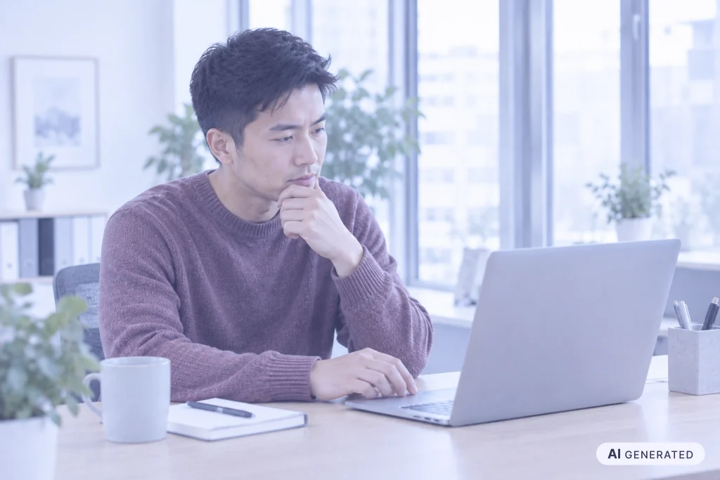 ChatGPT Datenschutz im Job: Ein Mitarbeiter überlegt am Laptop, welche Informationen er in ein KI-Tool eingeben darf.