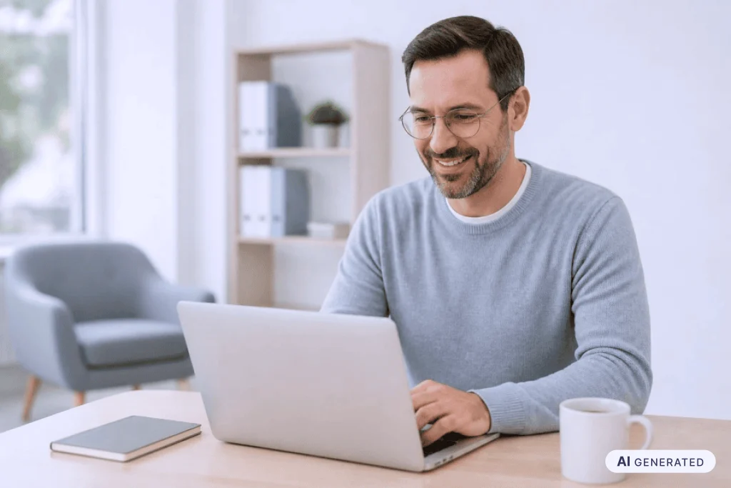 Clean Desk Policy im Alltag: Mitarbeiter arbeitet am Laptop an einem aufgeräumten Schreibtisch ohne offene Unterlagen.
