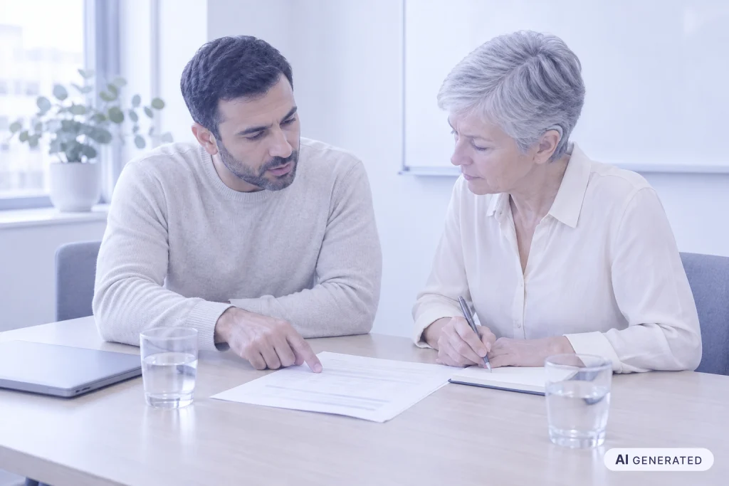 Datenpanne im Unternehmen: Zwei Mitarbeitende gehen in einem Besprechungsraum gemeinsam den Bericht zum Vorfall durch und dokumentieren die nächsten Schritte.