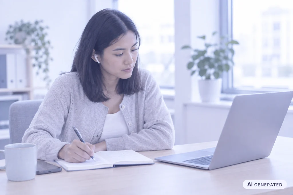 Fortbildung und Weiterbildung: Eine Mitarbeiterin bearbeitet am Schreibtisch einen Online-Kurs und macht sich Notizen.