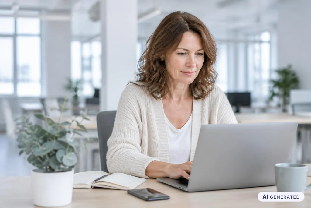 Interessenkonflikte im Unternehmen: Mitarbeiterin prüft am Laptop, ob eine geschäftliche Entscheidung private Interessen berührt.