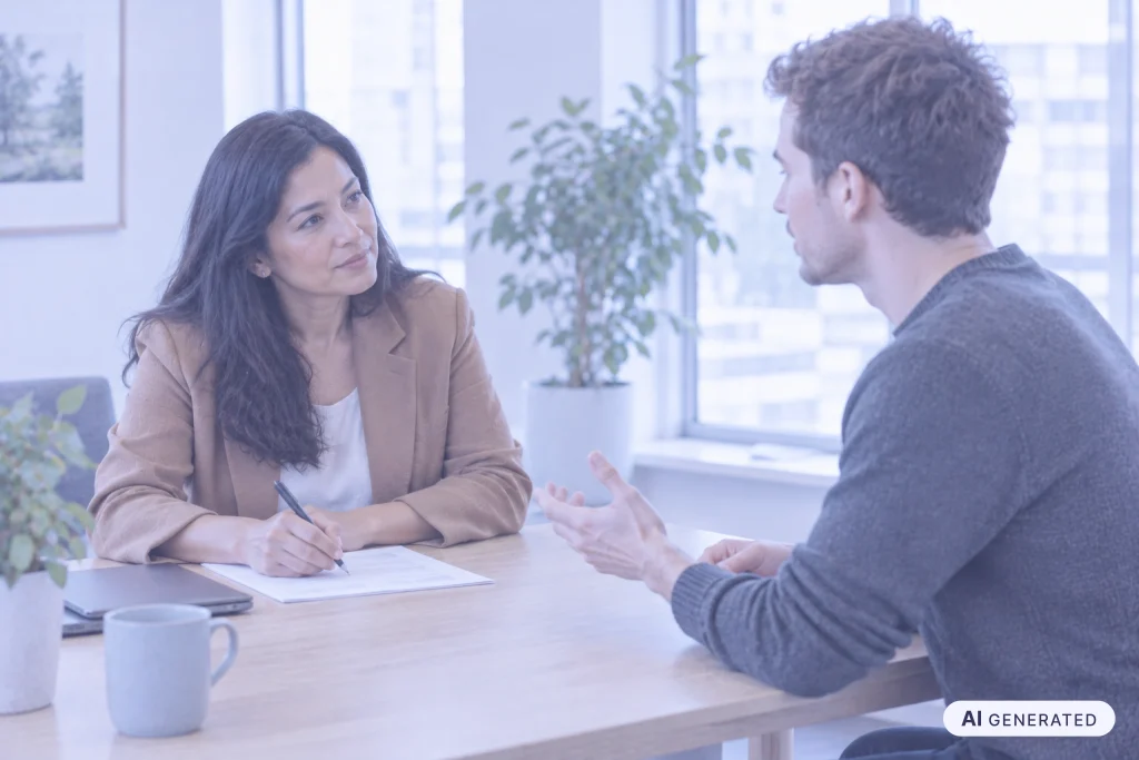 Mitarbeiterentwicklung im Gespräch: Eine Teamleiterin und ein Mitarbeiter sprechen über seine beruflichen Ziele.
