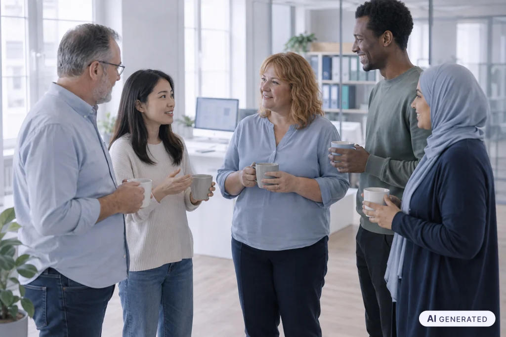 Mobbing am Arbeitsplatz vorbeugen: Fünf Mitarbeitende unterhalten sich entspannt bei einem Kaffee im Büro.