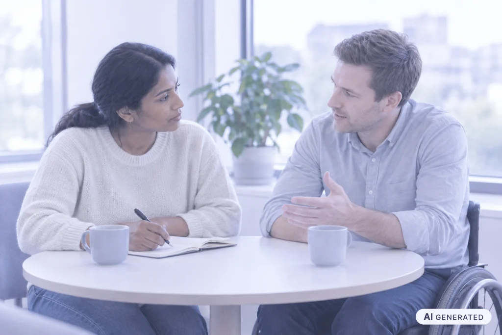 Instrumente der Personalentwicklung: Ein Mitarbeiter im Rollstuhl und seine Vorgesetzte führen am Besprechungstisch ein Entwicklungsgespräch.