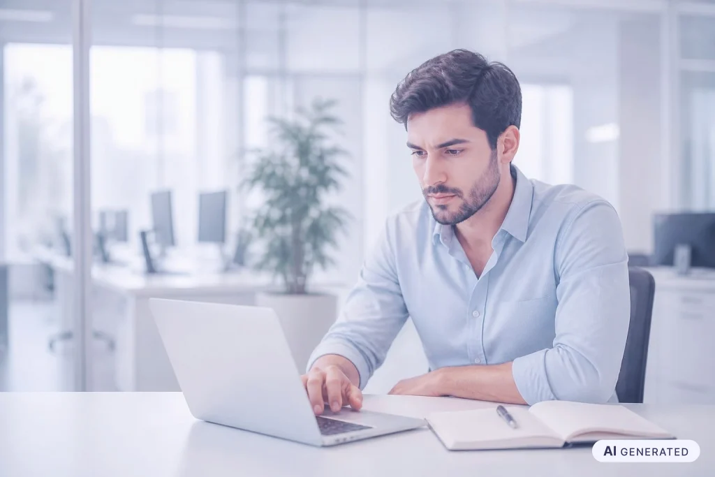 Schutz vor Social Engineering: Mitarbeiter prüft eine Nachricht am Laptop gegen und notiert sich den Rückruf über eine bekannte Nummer.