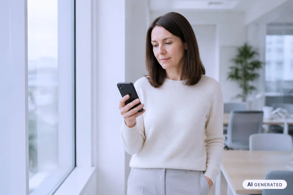Smishing erkennen: Mitarbeiterin liest im Büro eine unerwartete SMS und prüft sie, bevor sie den Link öffnet.