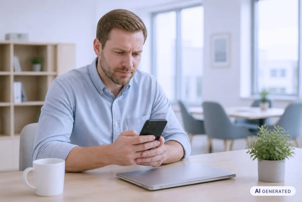 Smishing im Unternehmen: Mitarbeiter prüft skeptisch eine Nachricht vom angeblichen Chef mit neuer Nummer.