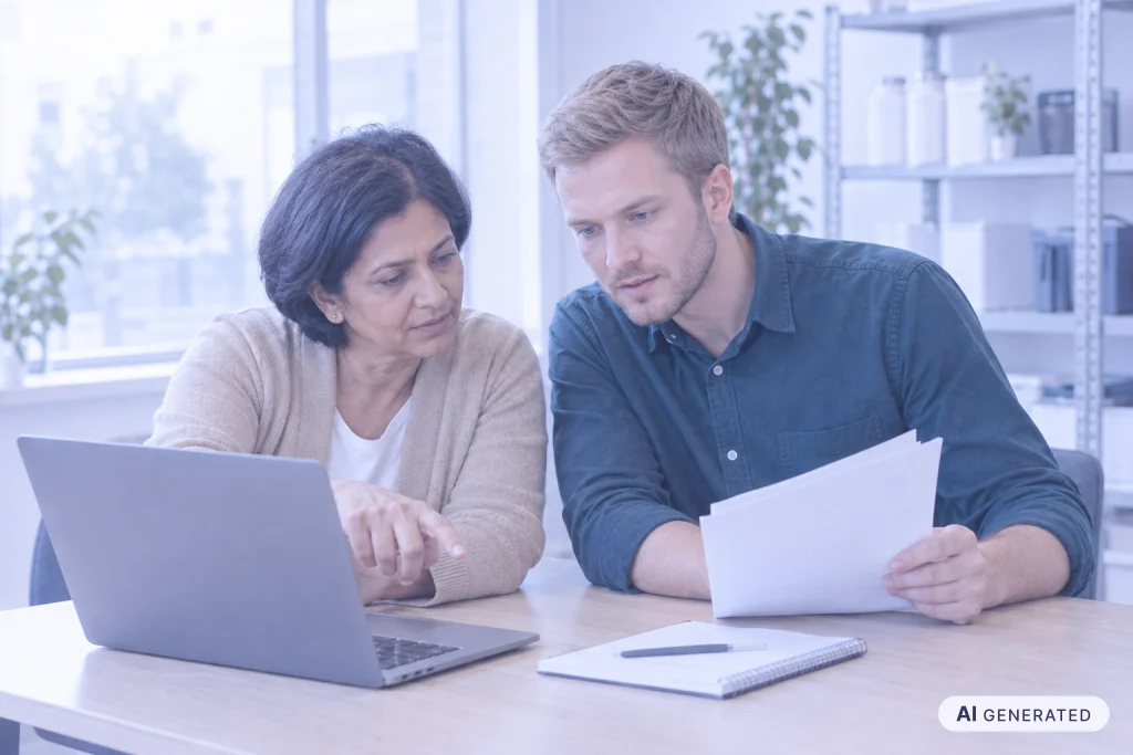 Substitutionsprüfung bei Gefahrstoffen: Zwei Beschäftigte prüfen gemeinsam am Laptop, ob sich ein Gefahrstoff durch ein weniger gefährliches Produkt ersetzen lässt.